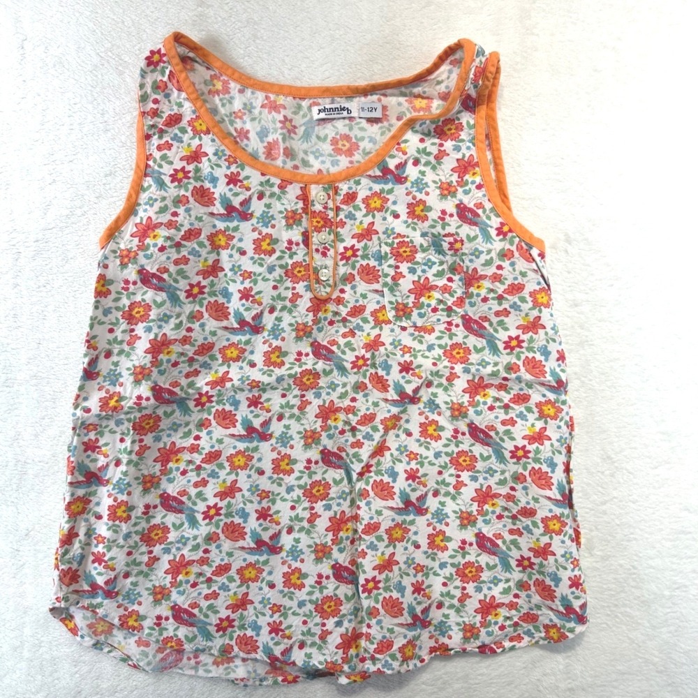 Cottagecore Johnnie B Floral Bird Henley Tank Top Girl 11-12Y Boho Orange Trim